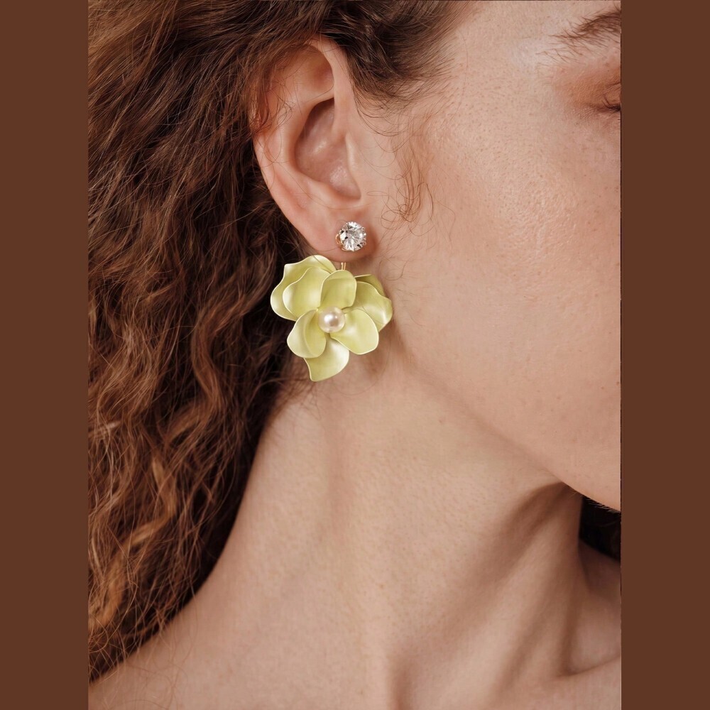 Yellow Enamel Flower Pearl Rhinestone Drop Earrings